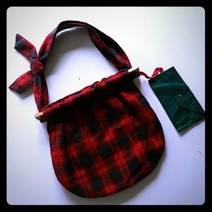 VINTAGE handmade wool red and green plaid purse